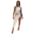 2021 Wholesale hot selling women clothing summer sleeveless patchwork elegant long high slit bodycon fashion casual sexy dress